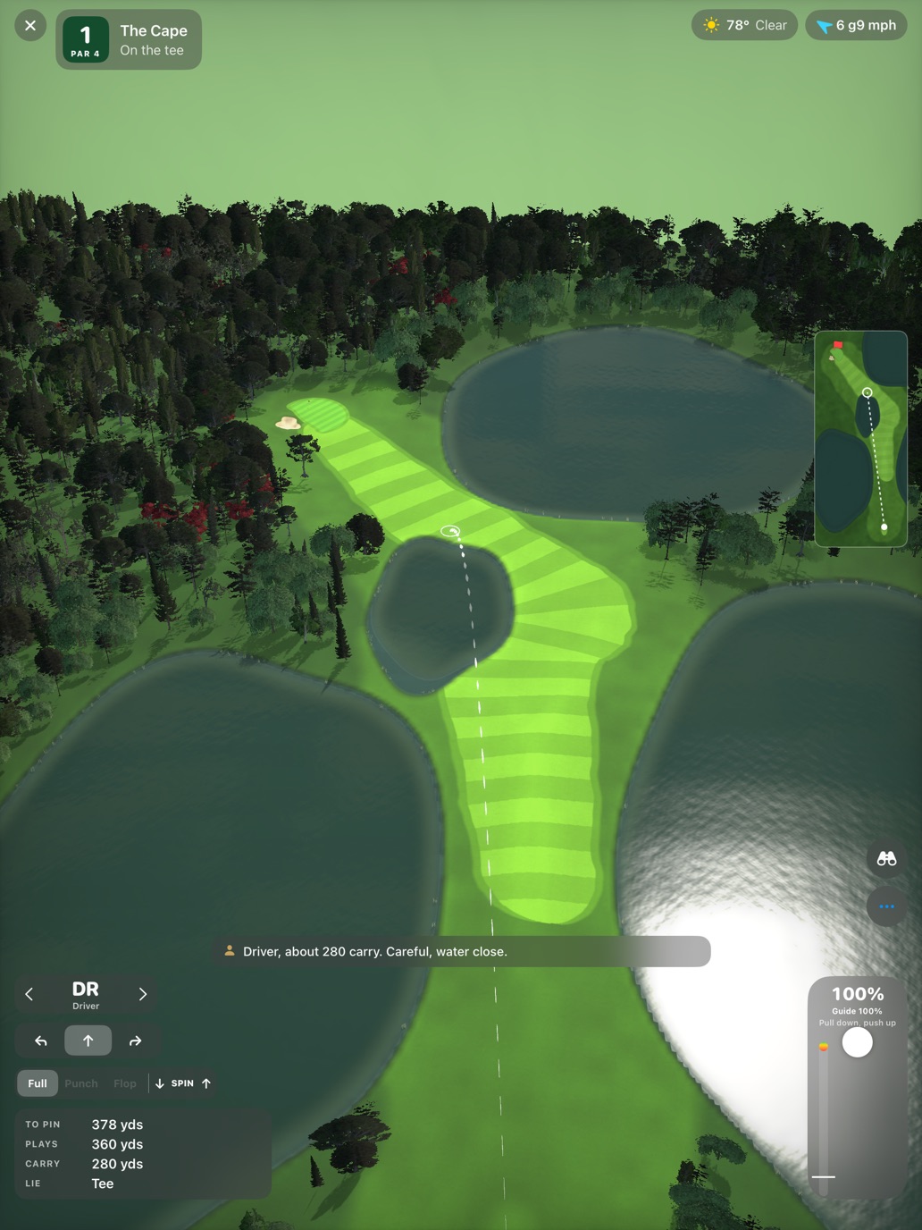 The Cape at Linkswright National from overhead, with fairway winding between large lakes toward the green