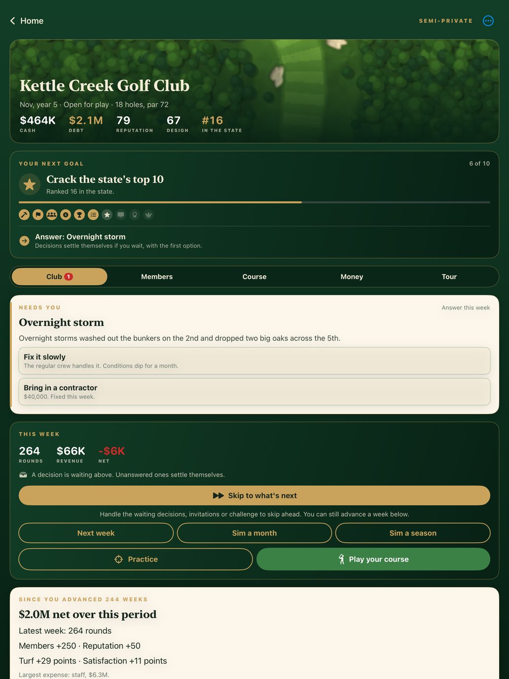 The club dashboard for Kettle Creek Golf Club, with a storm decision waiting