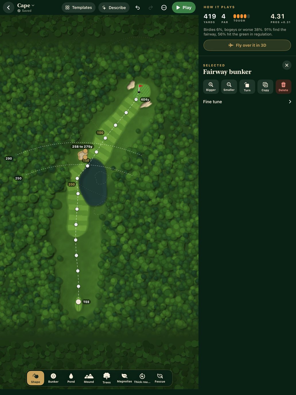 The hole designer showing a cape hole from above, with a pond cutting into the fairway and a bunker selected