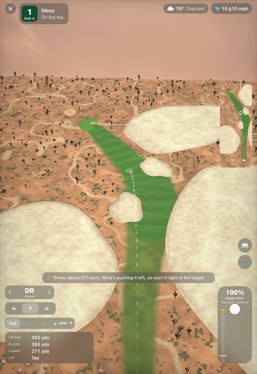 Mesa at Linkswright National from overhead, with broad expanses of sand surrounding a narrow desert fairway